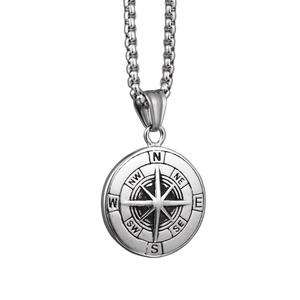 Vintage Stainless Steel Compass Pendant Necklace For Men Women Hip Hop Punk Eight Pointed Star Round Medallion Jewelry Gift