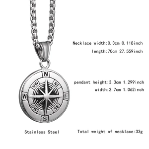 Detailed specs of the vintage silver stainless steel compass pendant with box chain dimensions