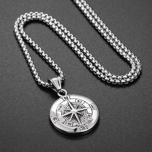 Hip hop compass pendant necklace in silver stainless steel with box chain for men