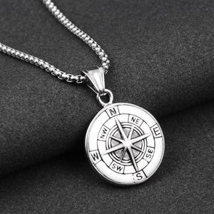 Vintage steel compass necklace with engraved circular pendant on a long bead chain