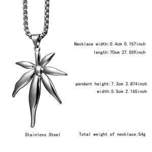 Macro shot of silver stainless steel maple leaf pendant with chain detail specifications