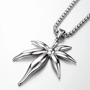 Hip hop silver maple leaf pendant necklace with square pearl chain in polished steel