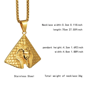 Detailed dimensions of Egyptian pyramid pharaoh pendant necklace with stainless steel box chain