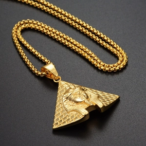 Hip hop style gold Egyptian pyramid Pharaoh pendant necklace with sturdy box chain link