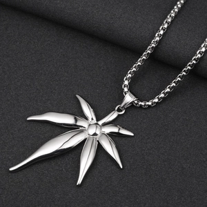 Polished stainless steel maple leaf pendant necklace on a 45-degree angle view