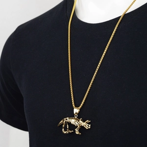 Collier avec pendentif squelette de tricératops doré style streetwear unisexe