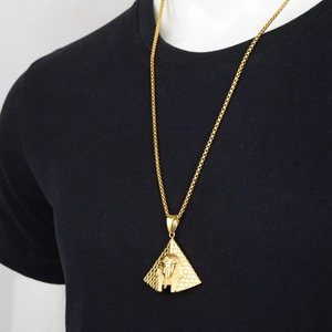Hip hop Egyptian pyramid pendant necklace with pharaoh relief in gold finish for men