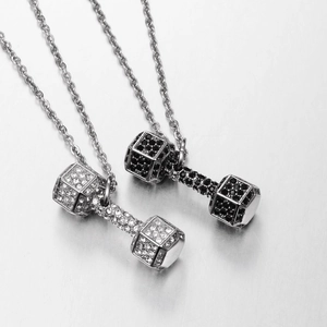 Hip hop style dumbbell pendant necklace with sparkling rhinestones in silver finish