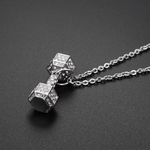 Hip hop dumbbell pendant necklace in polished titanium steel with paved crystal rhinestones
