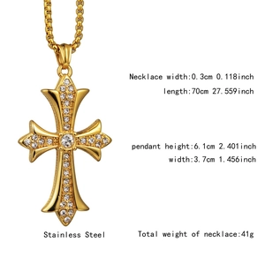 Spécifications de taille du collier croix en acier inoxydable doré avec strass blancs