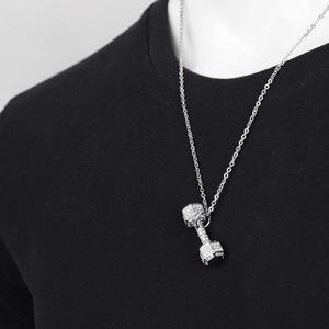 Hip hop style dumbbell pendant necklace with sparkling rhinestones in polished silver
