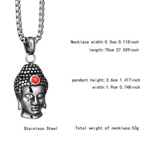 Detailed specs of buddha head necklace in stainless steel with a red stone inlay