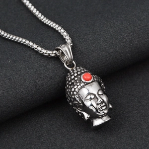 Religious Buddha head pendant necklace in silver stainless steel with red bead accent