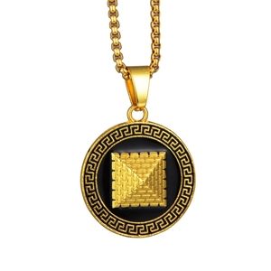 Collana con Ciondolo a Piramide in Lega Placcata Oro Hiphop Rock Uomo Donna Motivo Greca Medaglione Rotondo Gioielli Retro