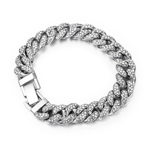 Close-up of hip hop silver cuban link chain bracelet with pavé rhinestones and box clasp
