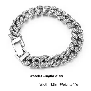 Silver iced out Cuban link bracelet with rhinestones, 21cm long and 1.3cm wide