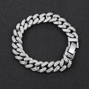 Close-up of hip hop silver Cuban link necklace with iced out crystals and clasp