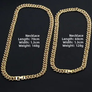 Hip hop cuban link gold chain necklace with shiny rhinestones and square buckle