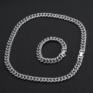 Iced out silver cuban link chain necklace and bracelet set for hip hop fashion style