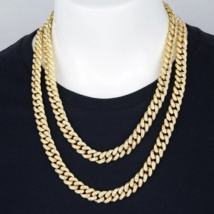 Double-layered gold Cuban link chain necklace with full rhinestone pavé in hip hop style