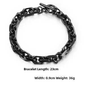 Detailansicht von 23cm schwarzem Edelstahl-Kettenarmband mit Knebelverschluss und Maßen