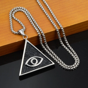 Collier hip hop en acier titane avec pendentif triangle argenté et œil de la providence