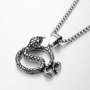 Vue macro d'un pendentif serpent avec œil en pierre rouge sur une chaîne en acier rétro