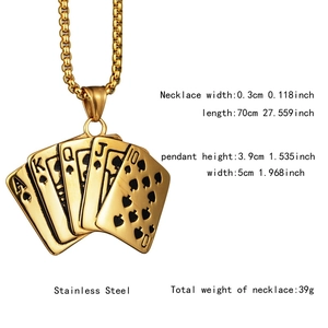 Macro view of gold stainless steel royal flush poker pendant with detailed engravings