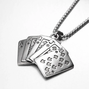 Hip hop royal flush poker pendant necklace in polished vintage stainless steel