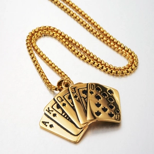 Hip hop style gold poker pendant necklace with royal flush cards on a box chain