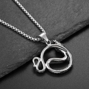 Vue détaillée du collier pendentif serpent argenté sur un rocher naturel gris foncé