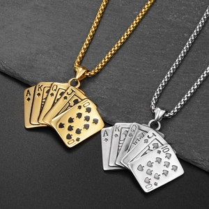 Hip hop royal flush poker necklace in gold and silver finish with sturdy box chain