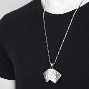 Hip hop royal flush poker cards pendant necklace in silver stainless steel for men and women