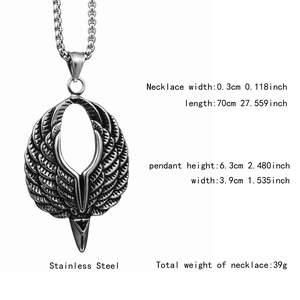 Vue détaillée du pendentif ailes d'aigle avec dimensions et caractéristiques de l'acier