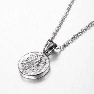 Hip hop style silver St. George dragon coin pendant necklace with stainless steel O-chain