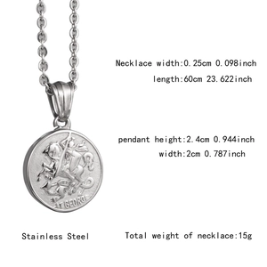 Detailed view of Saint George stainless steel pendant with specific size and weight specs