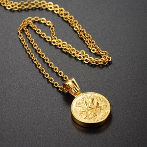 Retro gold St. George coin pendant necklace with polished cable chain in 45-degree view