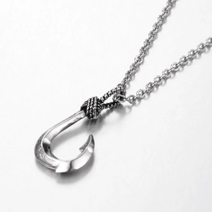 Modern silver titanium steel fish hook pendant necklace with textured wave engraving