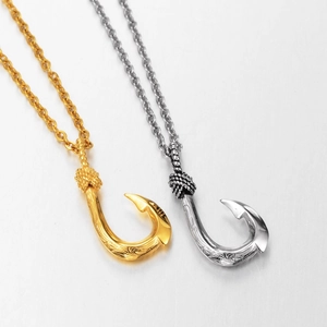 Hip hop style stainless steel fish hook necklaces in gold and silver finish with tribal patterns