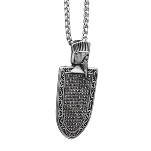 Vintage steel shield necklace for men with helmet motif and pavé black zircons