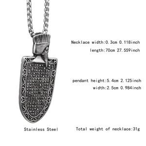 Detail view of vintage shield pendant with black crystals and dimensions specifications