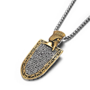 Vintage shield pendant necklace with black stones and ancient carving in gold and steel