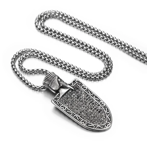 Retro shield pendant necklace in titanium steel with detailed vintage engraving