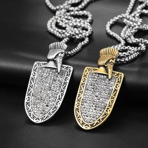 Vintage Titanium Steel Shield Pendant Necklace Warrior Head Embossed Black Rhinestone Inlaid Hip Hop Street Jewelry For Men Women