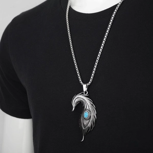 Collier rétro en acier titane avec pendentif plume et pierre turquoise bleue