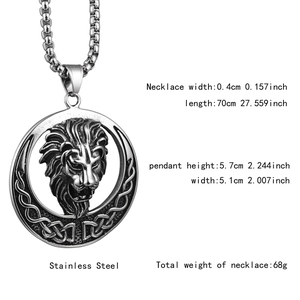 Détail du pendentif tête de lion hip hop avec dimensions et chaîne en acier inoxydable