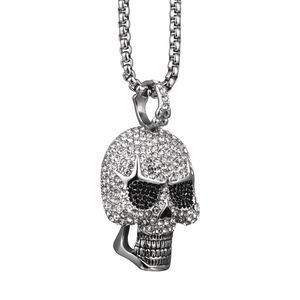 Hip-Hop-Totenkopf-Halskette mit silberner Box-Kette und funkelnden weißen Kristallen