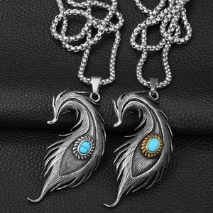Collier Pendentif Plume en Acier au Titane Rétro Hip Hop Turquoise Artificielle Fini Vieilli Bijoux Streetwear Unisexe