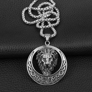 Collier hip hop avec pendentif tête de lion en acier inoxydable argenté et chaîne box