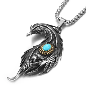 Pendentif en plume d'acier titane rétro avec incrustation de turquoise pour hommes et femmes